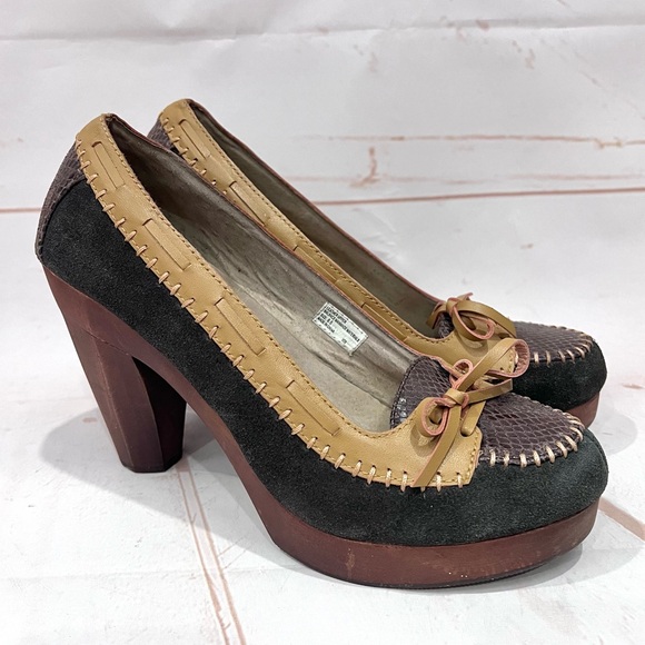 Very Volatile Chunky Leather Snakeskin Stitch Loafer Wooden Platform Heels - Picture 1 of 9